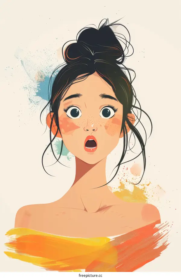 Surprised woman with dark hair and brown eyes