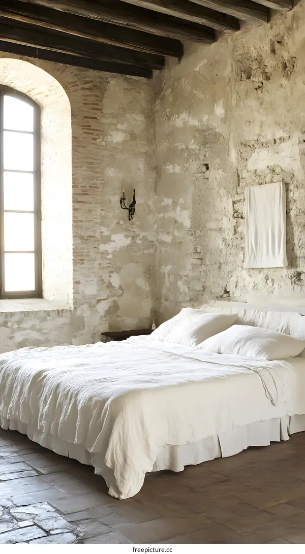 Rustic Bedroom With White Linen Bedding and Stone Walls