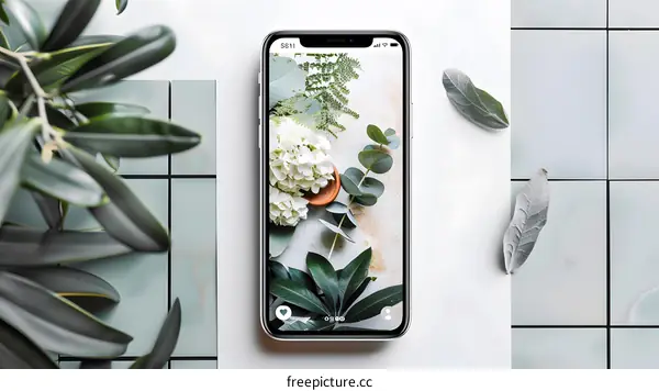 Flatlay with White Smartphone and Green Leaves