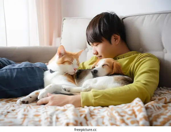 A young man is sleeping on the couch with a cat and a dog
