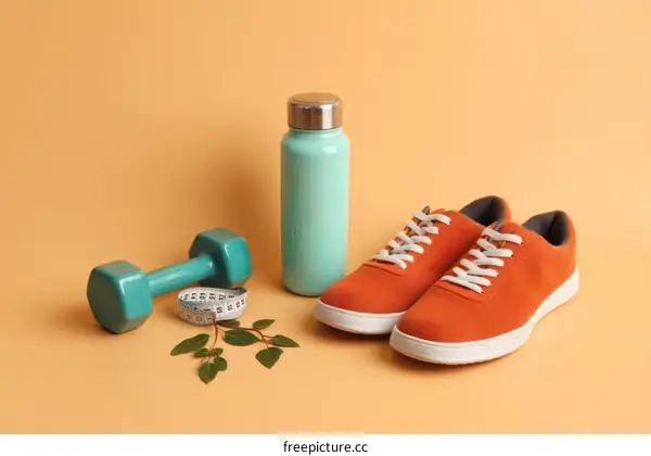 Fitness Equipment and Sports Shoes on a Peach Background