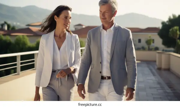 A man and a woman in business suits are walking and talking on a sunny day