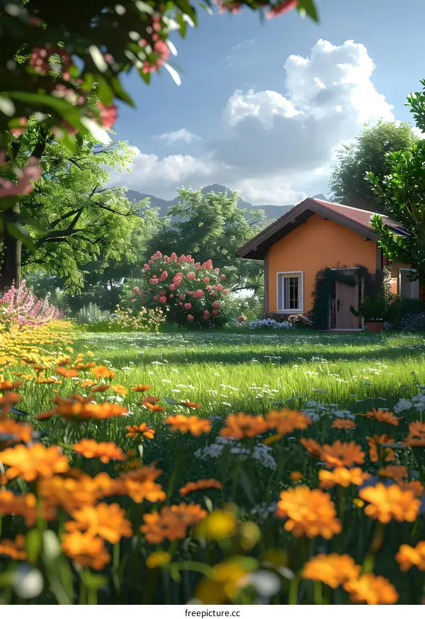 Small cottage in the middle of a large flower field