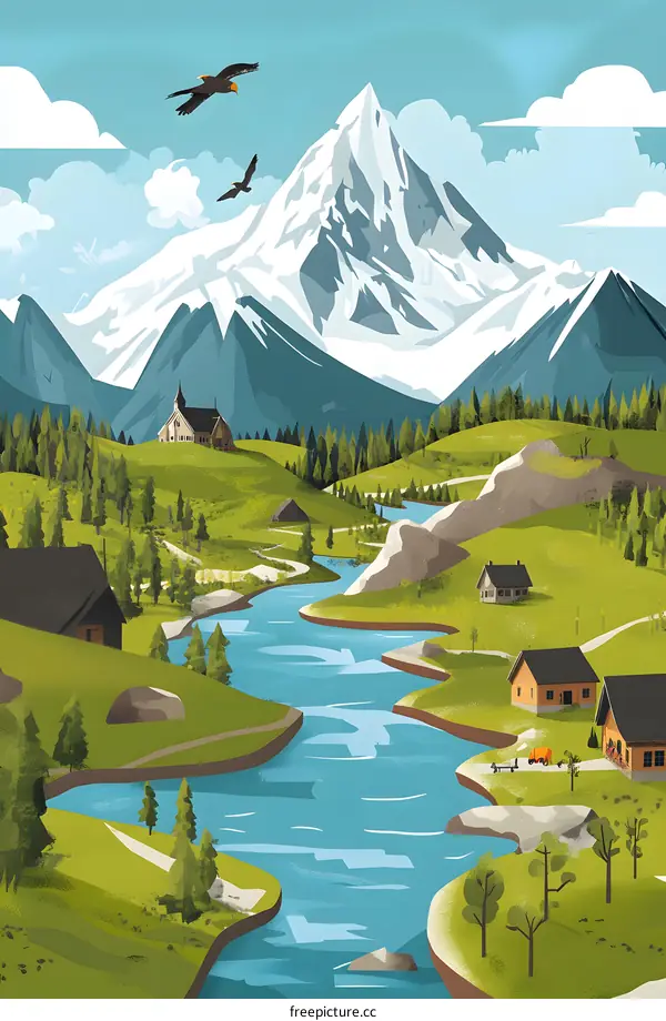 Mountain Landscape with a River and Houses