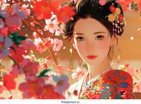 Beautiful Woman in a Floral Kimono