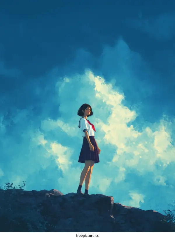 A Schoolgirl Stands on a Cliff Looking Up at a Cloudy Sky