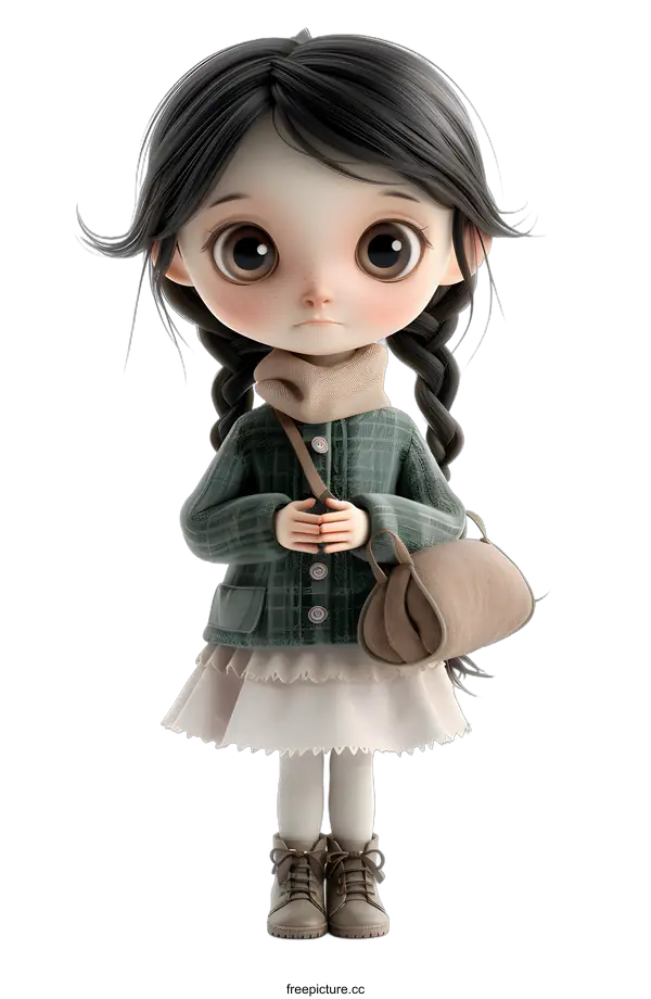 [Transparent Background PNG]Cute Cartoon Girl with Long Black Hair Wearing a Green Jacket and Brown Bag