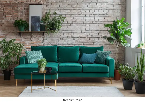 Modern Living Room with Emerald Green Sectional Sofa