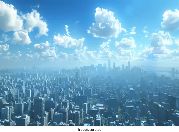 City Skyline with Blue Sky and White Clouds