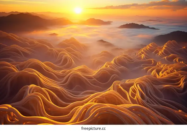 Surreal landscape with rolling hills under setting sun
