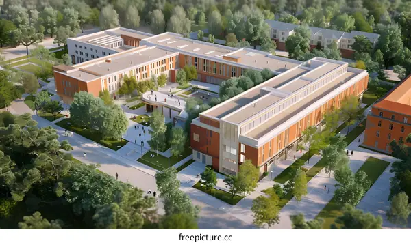 Modern university campus with green courtyards and trees