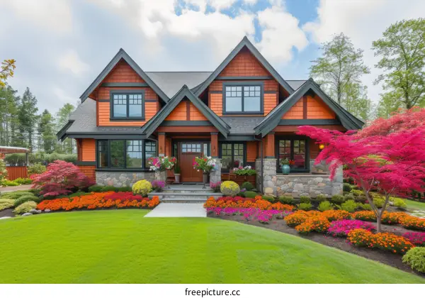 Colorful flowers and a beautiful house
