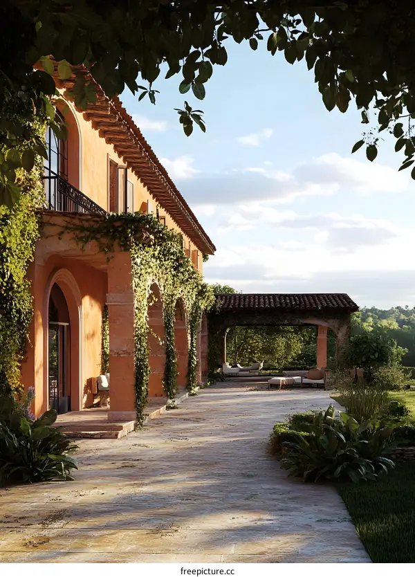 Mediterranean Style Villa with Green Vines and Terracotta Roof