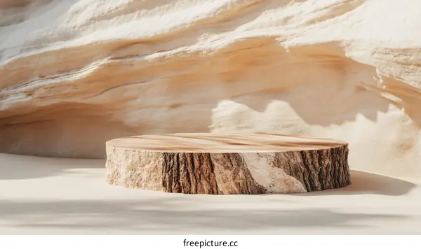 Wooden Display Stand Against Beige Rock Background