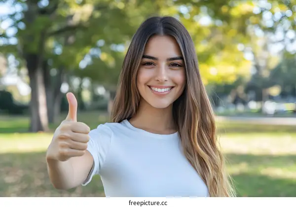Smiling Woman Gives Thumbs Up in Park