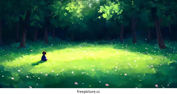 Lonely Figure Sitting In A Sunlit Clearing In A Forest