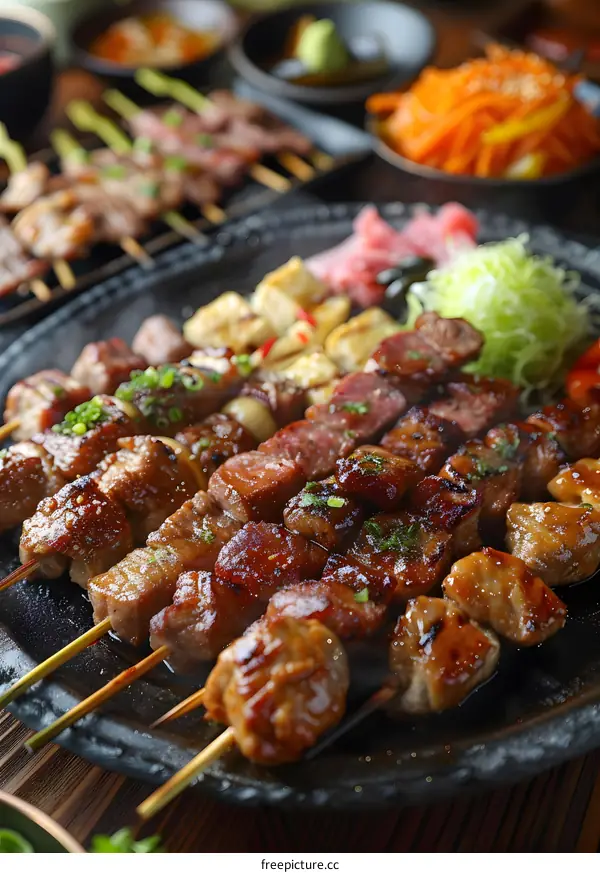 A variety of grilled meat skewers on a hot plate.