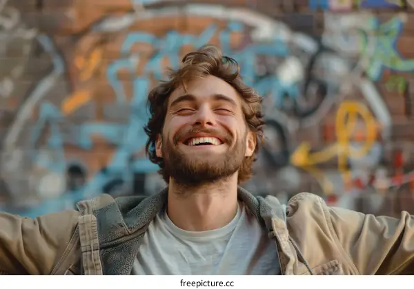 Portrait of a Bearded Man Smiling with Graffiti in the Background