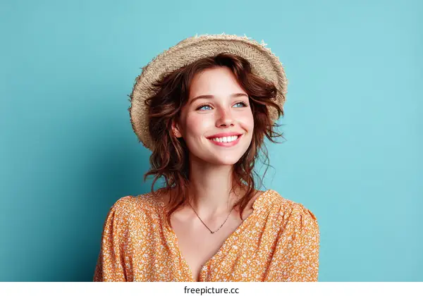 Young woman with curly hair wearing straw hat and floral dress