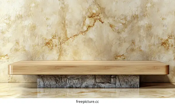 Empty Wooden Display Shelf Against Beige Marble Wall