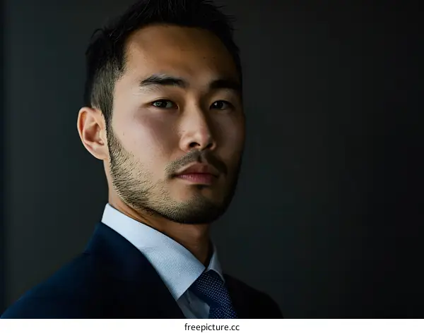 Portrait of a Young Asian Businessman with a Serious Expression