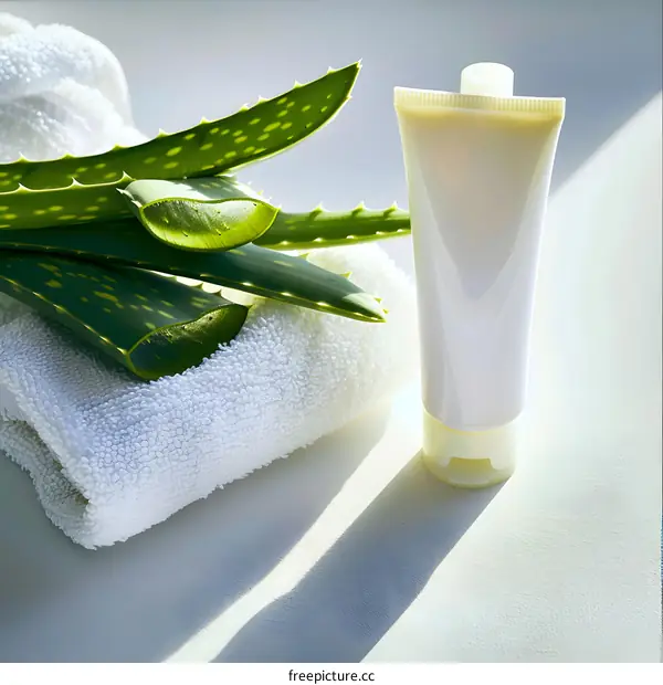 Aloe Vera Plant and Cream Tube on a White Towel
