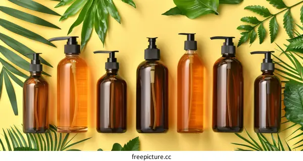 Amber Glass Cosmetic Bottles with Green Leaves on Yellow Background