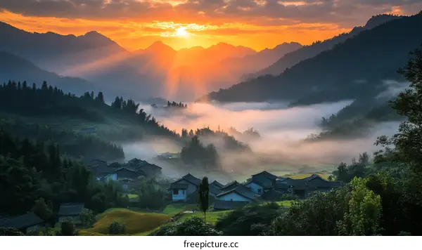Sunrise over a Misty Mountain Village