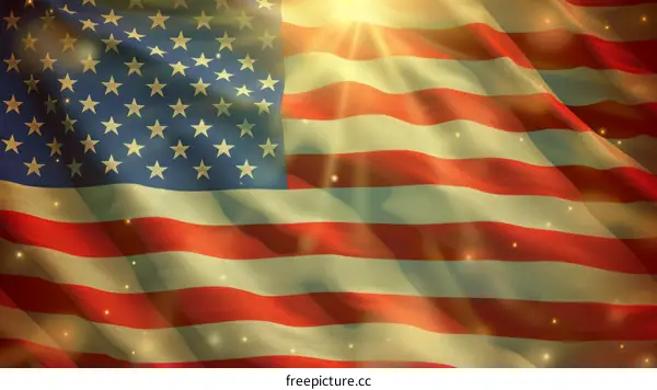 Waving American flag with glowing light rays in vintage style