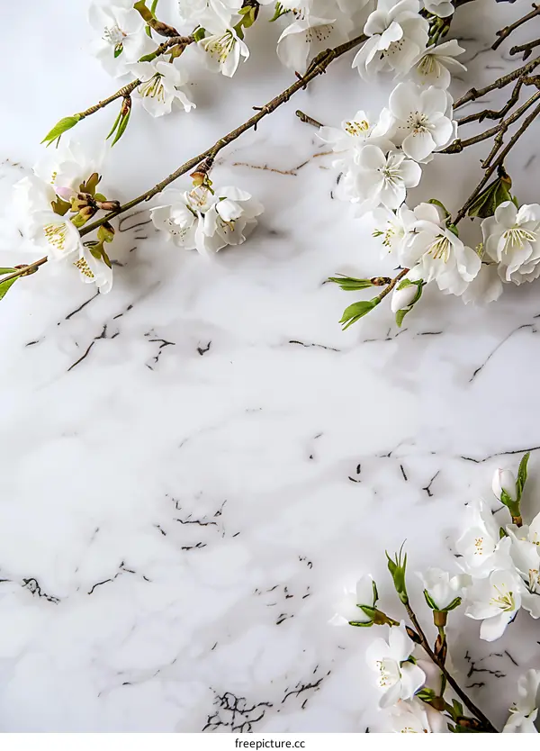 White Cherry Blossoms on Marble Background