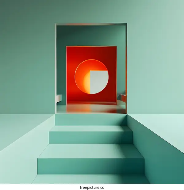 3D rendering of a surreal hallway with steps and a glowing sphere