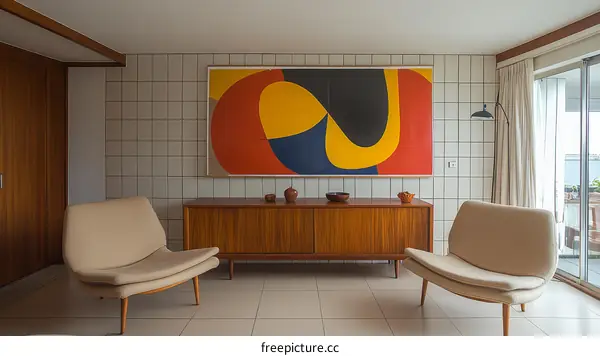 Mid-Century Modern Living Room with Colorful Art