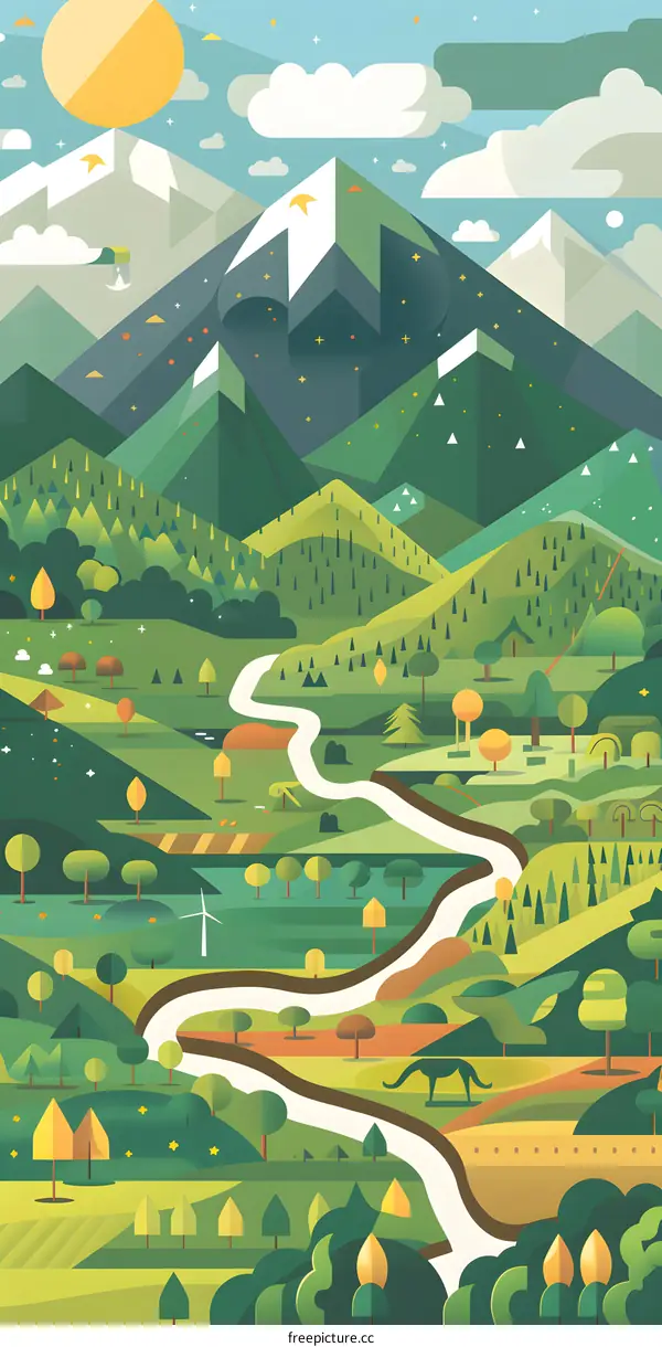 Cartoon illustration of a mountain landscape with green hills and a river