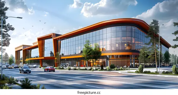 futuristic glass and orange building exterior with large windows