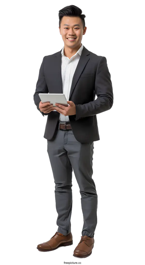[Transparent Background PNG]Asian businessman using a tablet