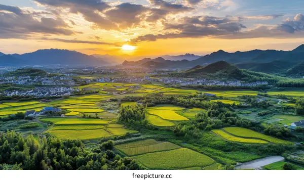 Rural Landscape at Sunset over Yellow Mustard Fields