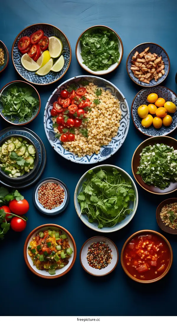 Assorted Mediterranean Food Ingredients Arranged on a Blue Background
