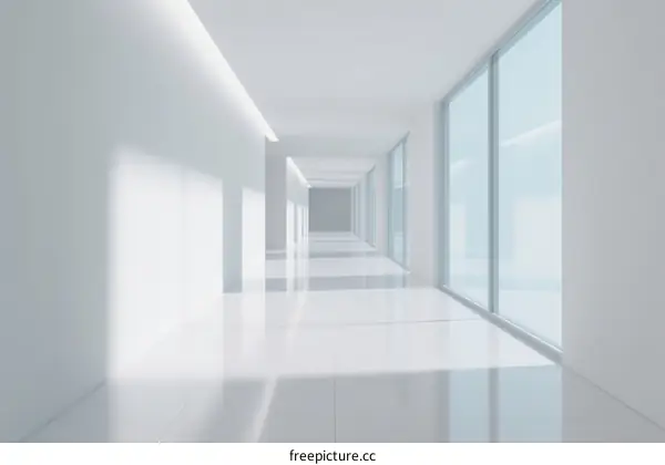 Minimalist White Corridor with Large Glass Windows and Bright Lighting