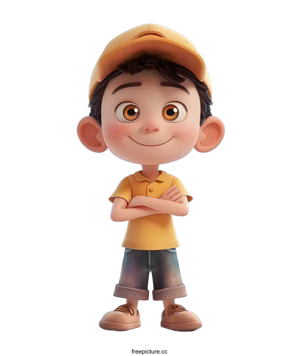 [Transparent Background PNG]A 3D illustration of a boy wearing a yellow cap and blue jeans