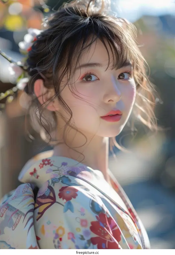 Young Woman in Kimono Looking Over Shoulder