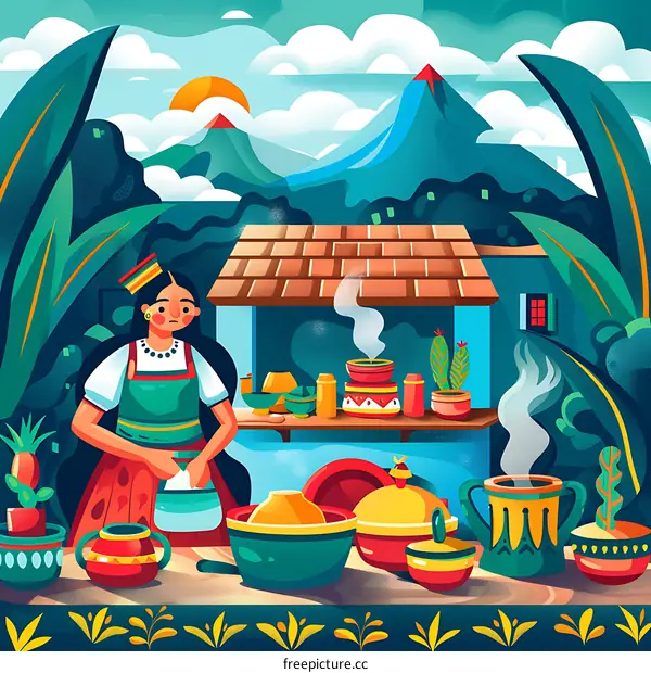 Woman Selling Traditional Pottery in Front of Mountain Landscape