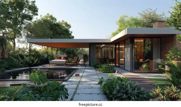 Courtyard house with green garden and swimming pool