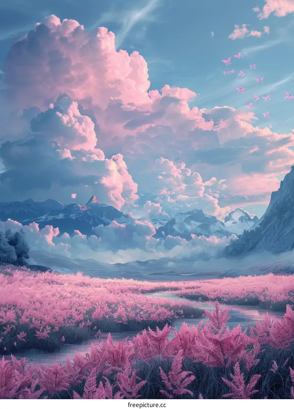 Fantasy Pink Landscape with Mountains and Clouds