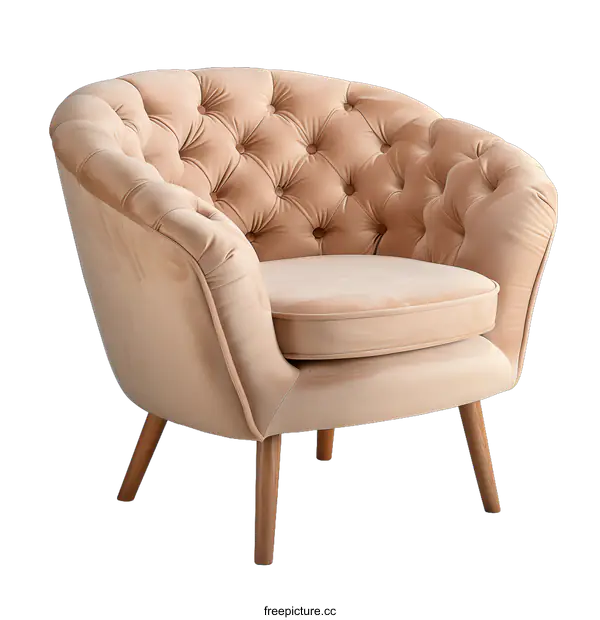 [Transparent Background PNG]Beige Velvet Armchair With Wooden Legs