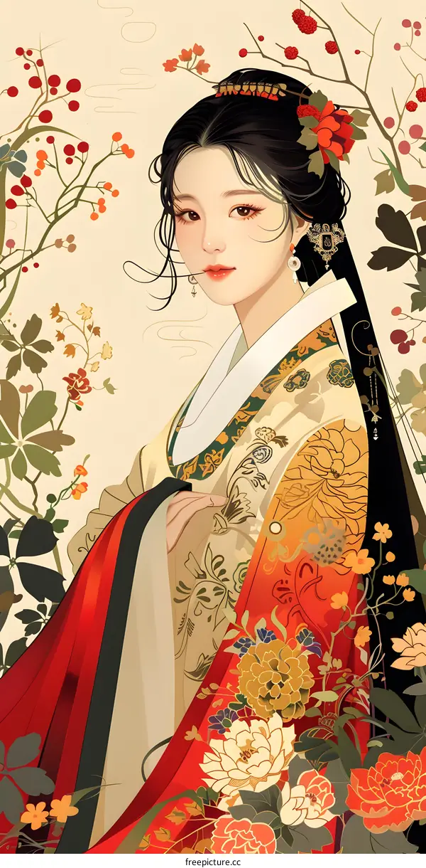 A digital painting of a young woman in a traditional Chinese dress with red and gold accents. She has long black hair and is surrounded by a background of various flowers and plants.