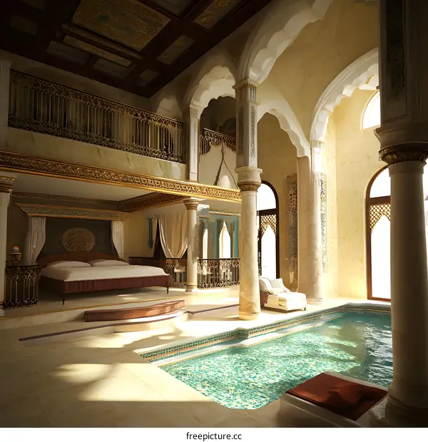 Luxury Interior Design with Swimming Pool and Arched Windows