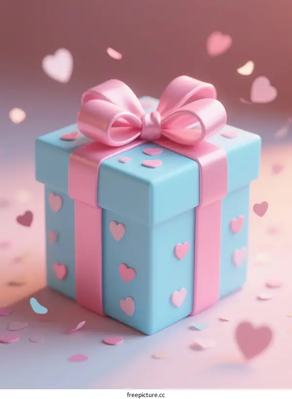 A Beautiful Blue Gift Box with Pink Bow and Heart Confetti