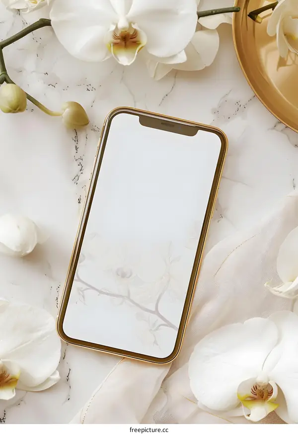 Gold Phone Mockup with White Orchids on Marble Background