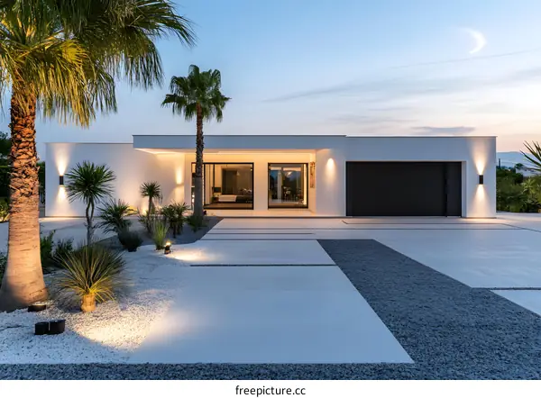 Modern White House with Palm Trees and Gravel Driveway