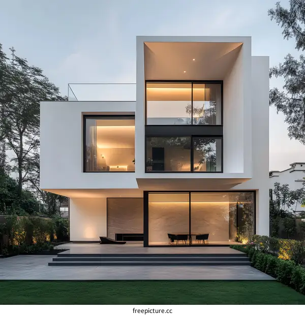 Modern White House with Large Windows and Stone Patio